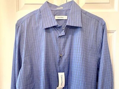 NEW - Classic Calvin Klein Lt Blue w/ Black and White Accent Checks - Mens SZ L Button Down Dress Shirt -C PICS