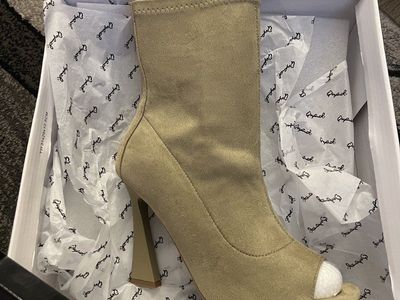 Qupid Women's Open Toe Ankle Booties in Tan,