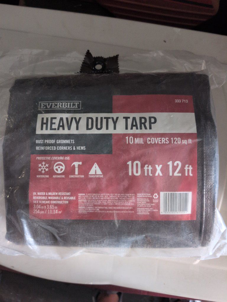 Everbilt Heavy Duty Tarp - 10ft x 12ft, 10 mil, Rust Proof Grommets, Reinforced Corners & Hems