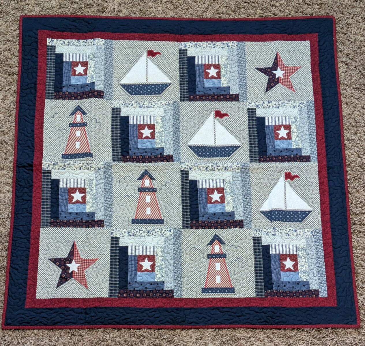 HAND PIECED SAILBOAT QUILT ART 38"X38"