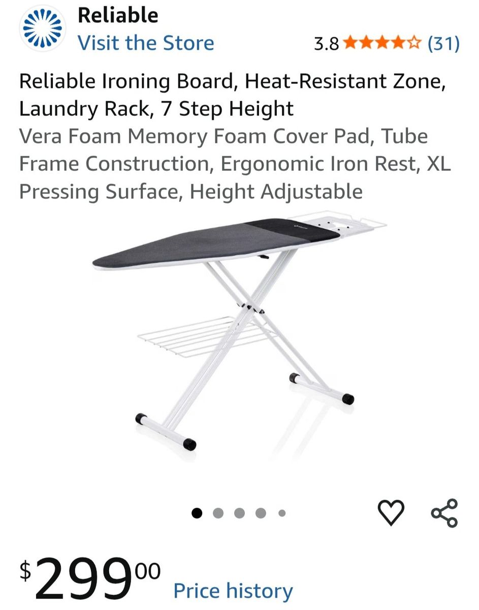 Reliable Ironing Board with Iron Rest, Charcoal Cover, Height Adjustable Frame