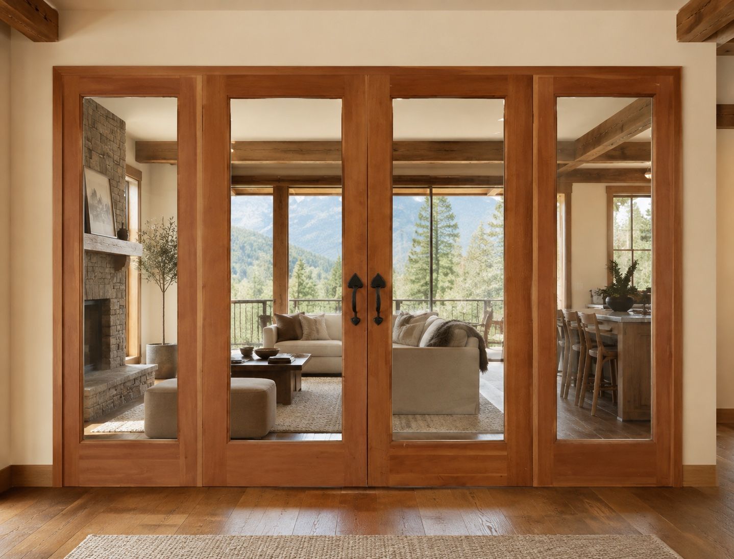 Custom Wood French Doors with Glass Panels - Rustic Cabin Style, 4-Piece Set