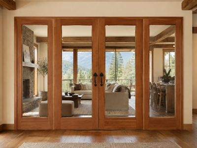 Custom Wood French Doors with Glass Panels - Rustic Cabin Style, 4-Piece Set