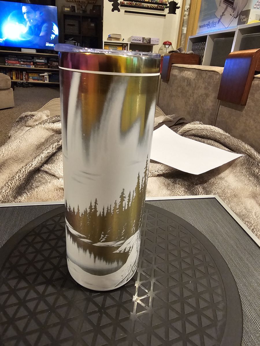 Engraved Stainless Steel Tumbler featuring aurora borealis and forest scene