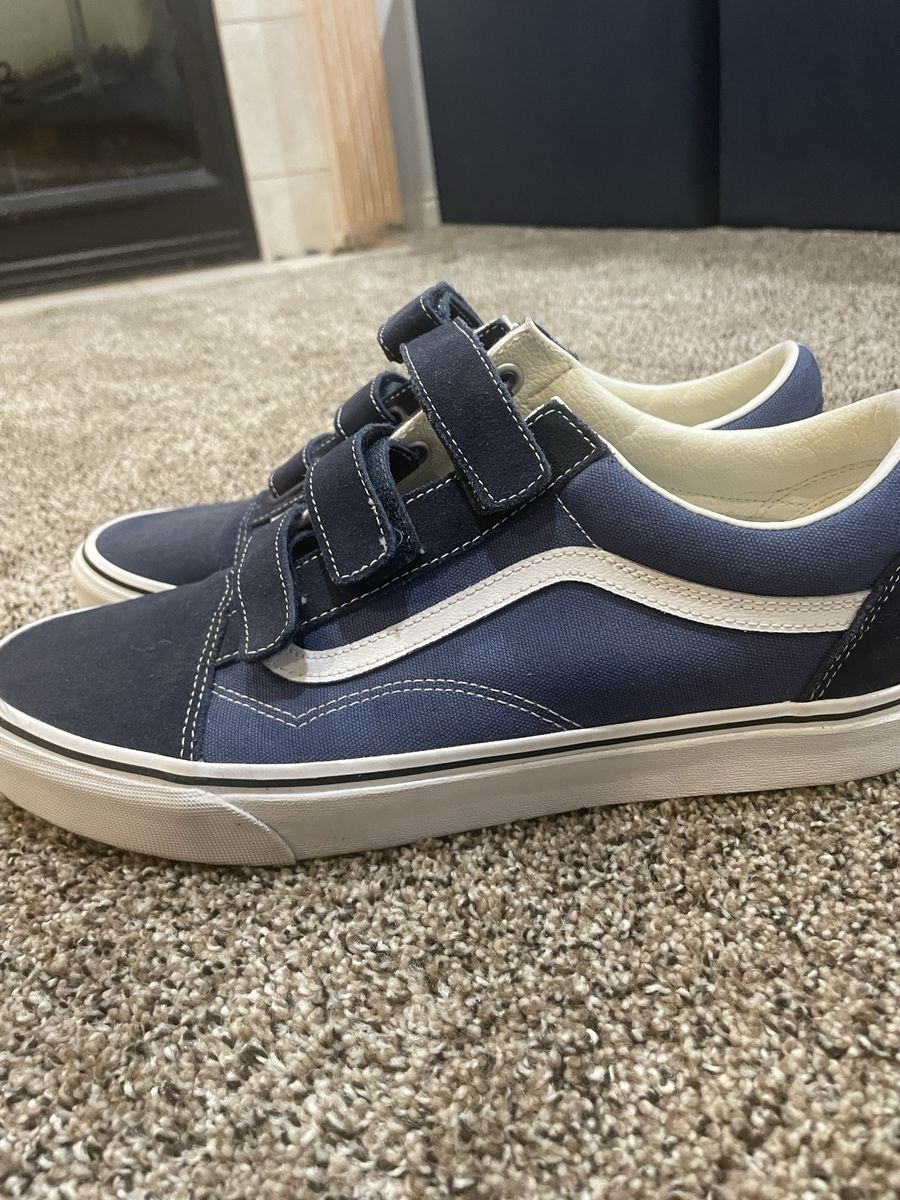 Vans Old Skool V Navy Blue & White Canvas Suede Velcro Strap Sneakers - Size 13