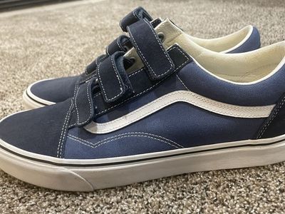 Vans Old Skool V Navy Blue & White Canvas Suede Velcro Strap Sneakers - Size 13