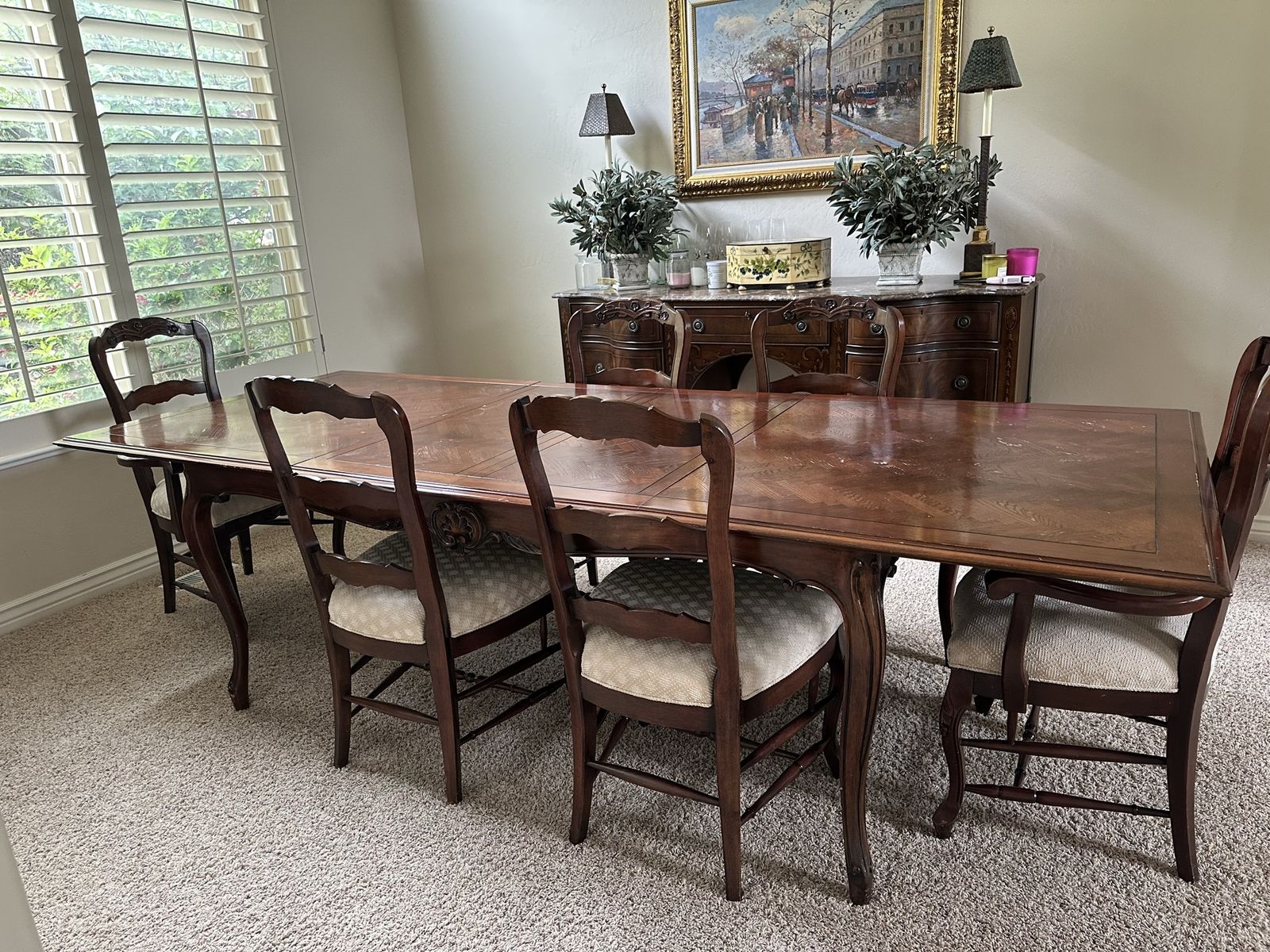 9ft Mahogany dining table + 6 chairs, 2 removable leaves.  $600