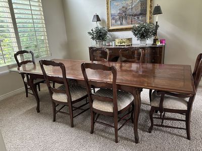 9ft Mahogany dining table + 6 chairs, 2 removable leaves. $600