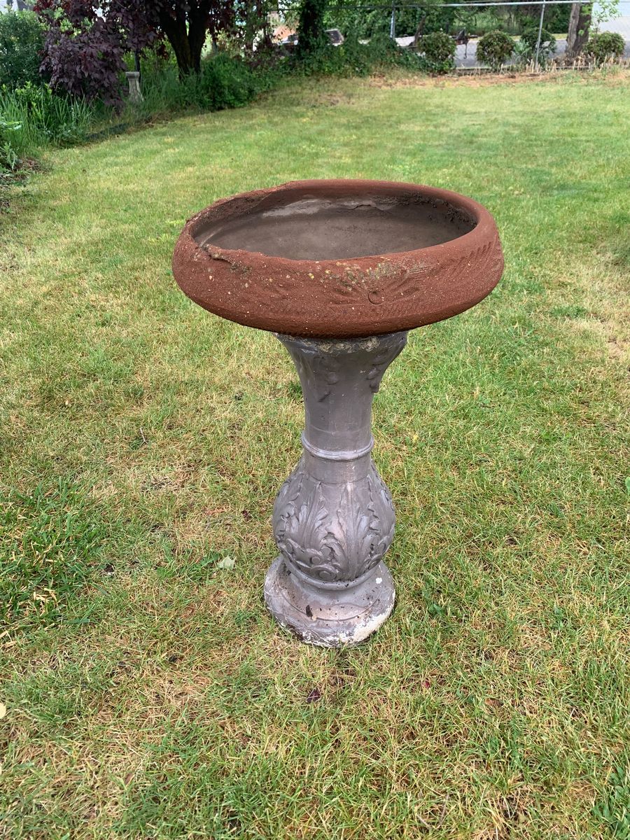Southwest clay planter basin with concrete pedestal $20 cash.