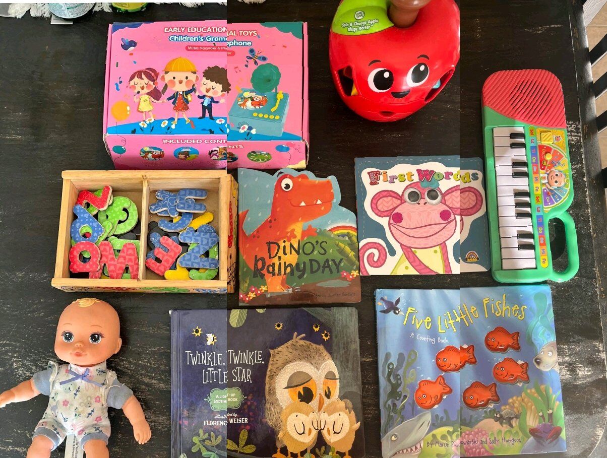 Lot of Toys. Books, shape sorter, doll, Cocomelon