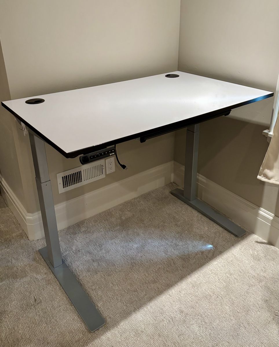 Jarvis Fully Electric Standing Desk White Top Gray Frame Programmable Keypad
