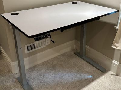 Jarvis Fully Electric Standing Desk White Top Gray Frame Programmable Keypad