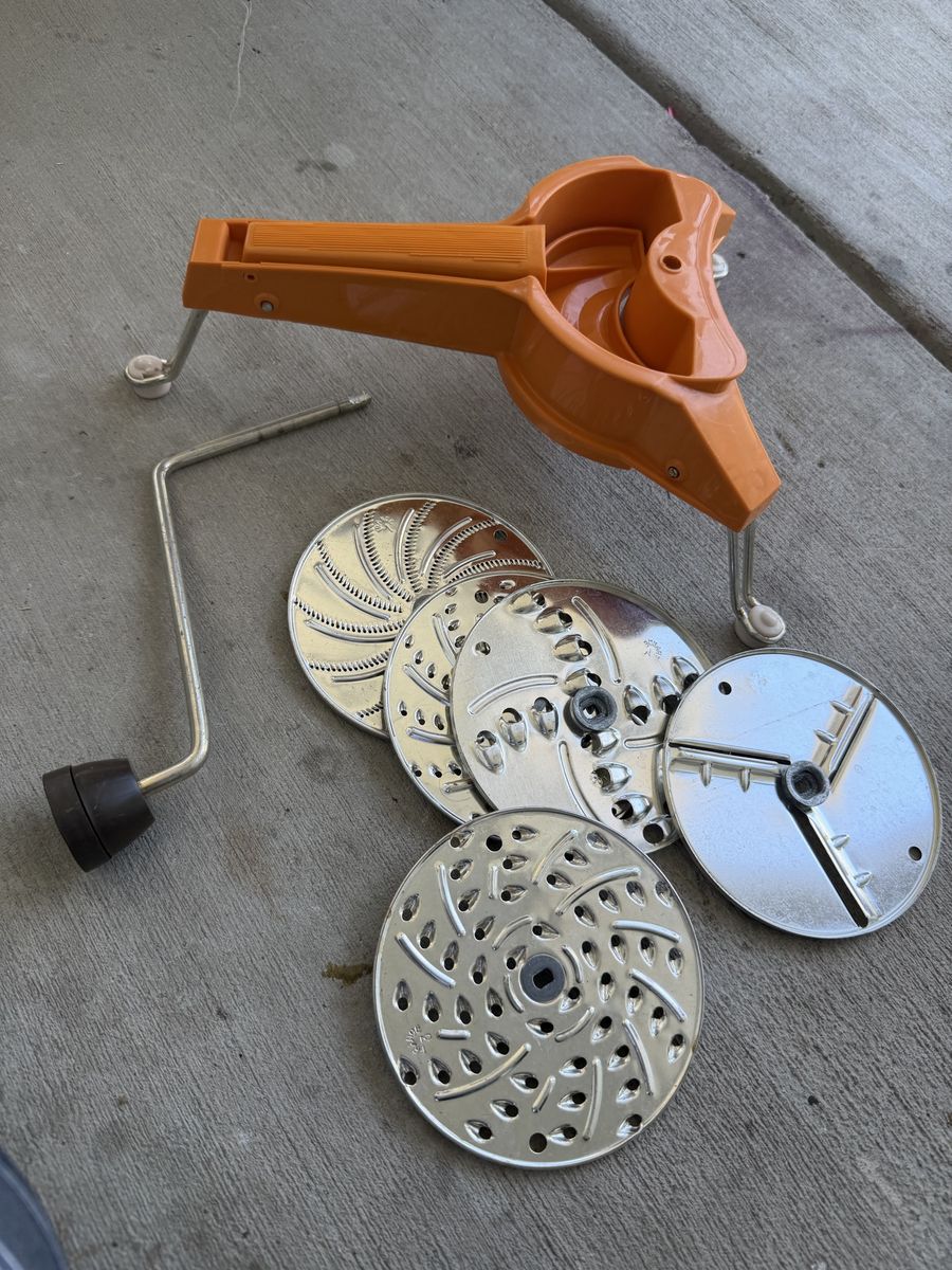 Vintage Chard Food Strainer/Sauce Maker - Orange Plastic with 5 Discs, Hand Crank