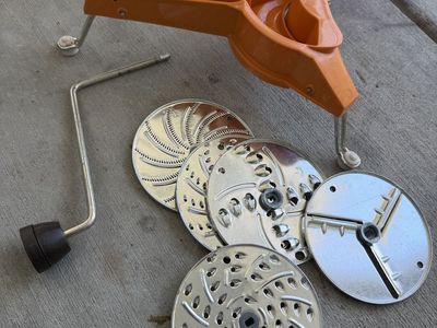 Vintage Chard Food Strainer/Sauce Maker - Orange Plastic with 5 Discs, Hand Crank