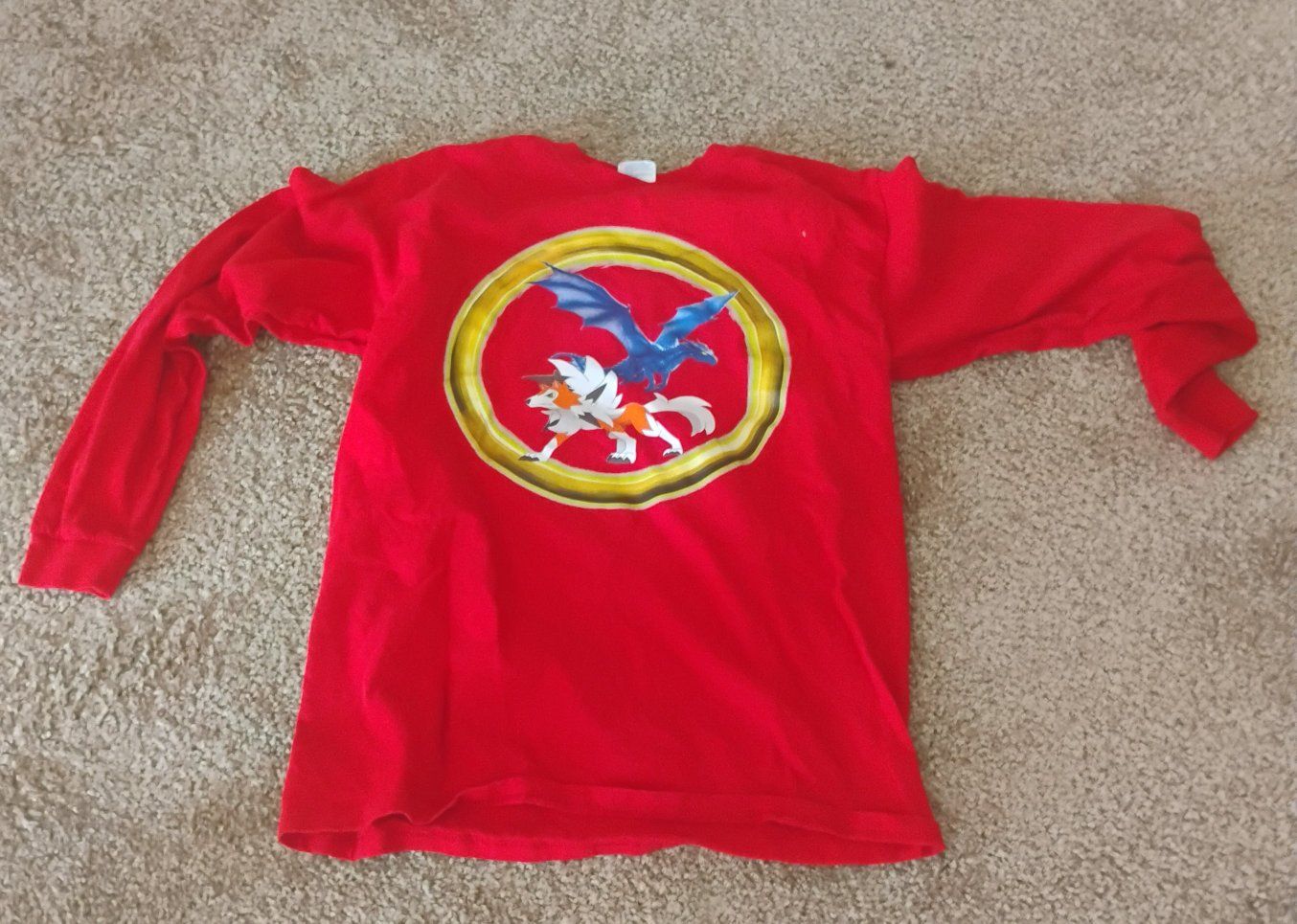 Red Long Sleeve Graphic T-Shirt with Dragon and Wolf Design