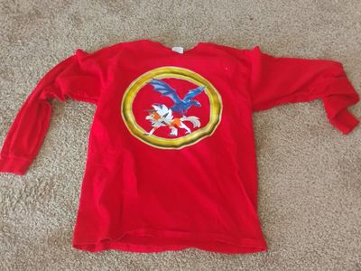 Red Long Sleeve Graphic T-Shirt with Dragon and Wolf Design
