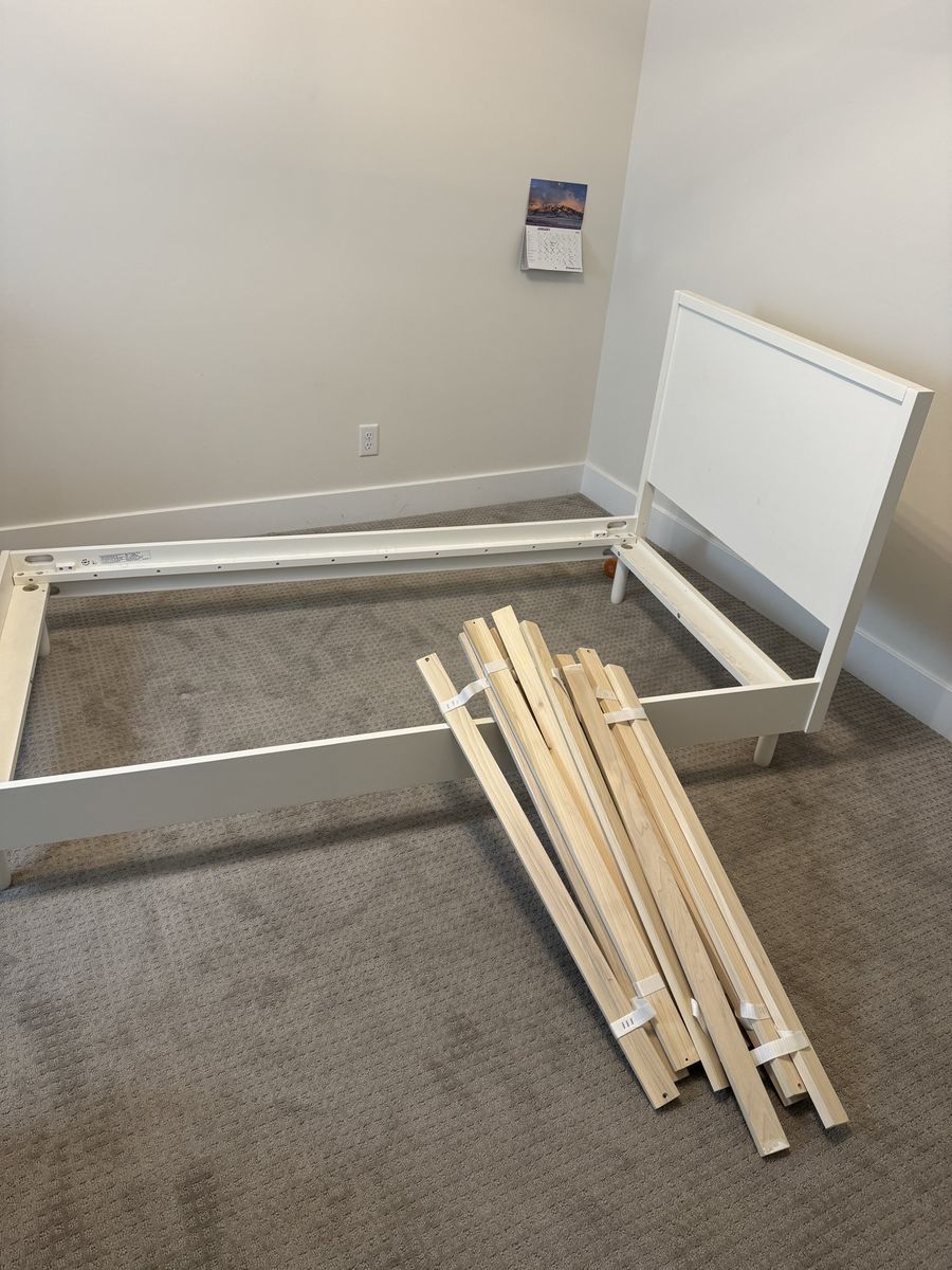 Crate & Barrel White Wooden Bed Frame with Headboard and Slats