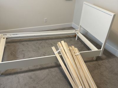 Crate & Barrel White Wooden Bed Frame with Headboard and Slats