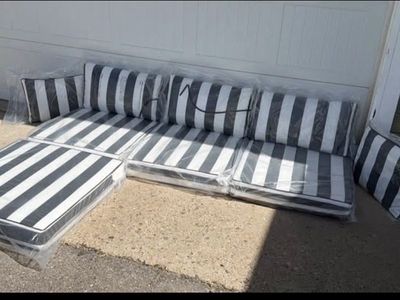 9 Piece Black & White Stripe Outdoor Patio Sectional Cushions - New