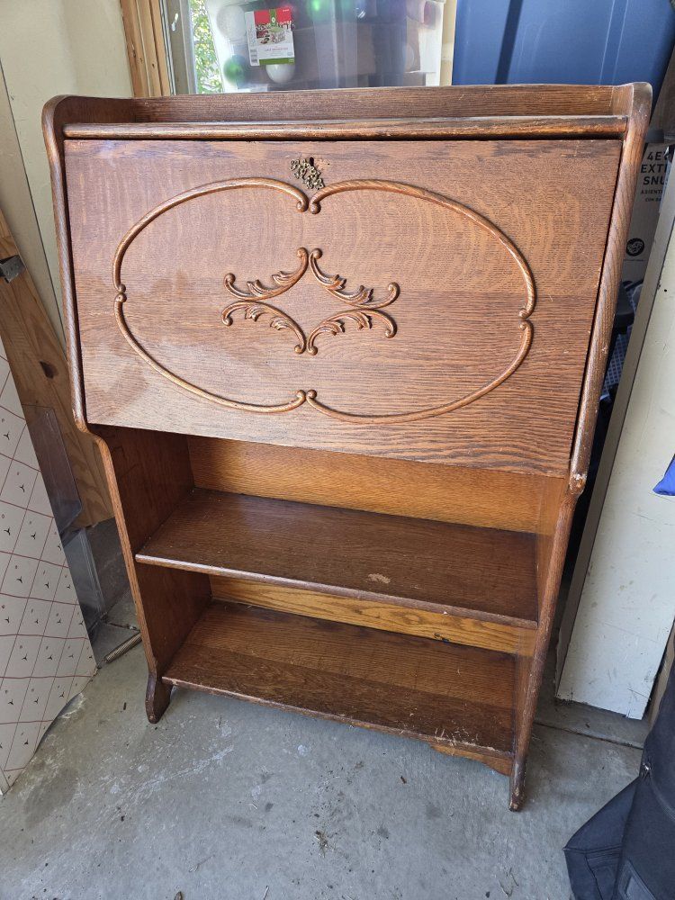 Antique Oak Drop-Front Secretary Desk with Carved Details & Shelving