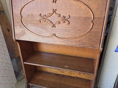 Antique Oak Drop-Front Secretary Desk with Carved Details & Shelving