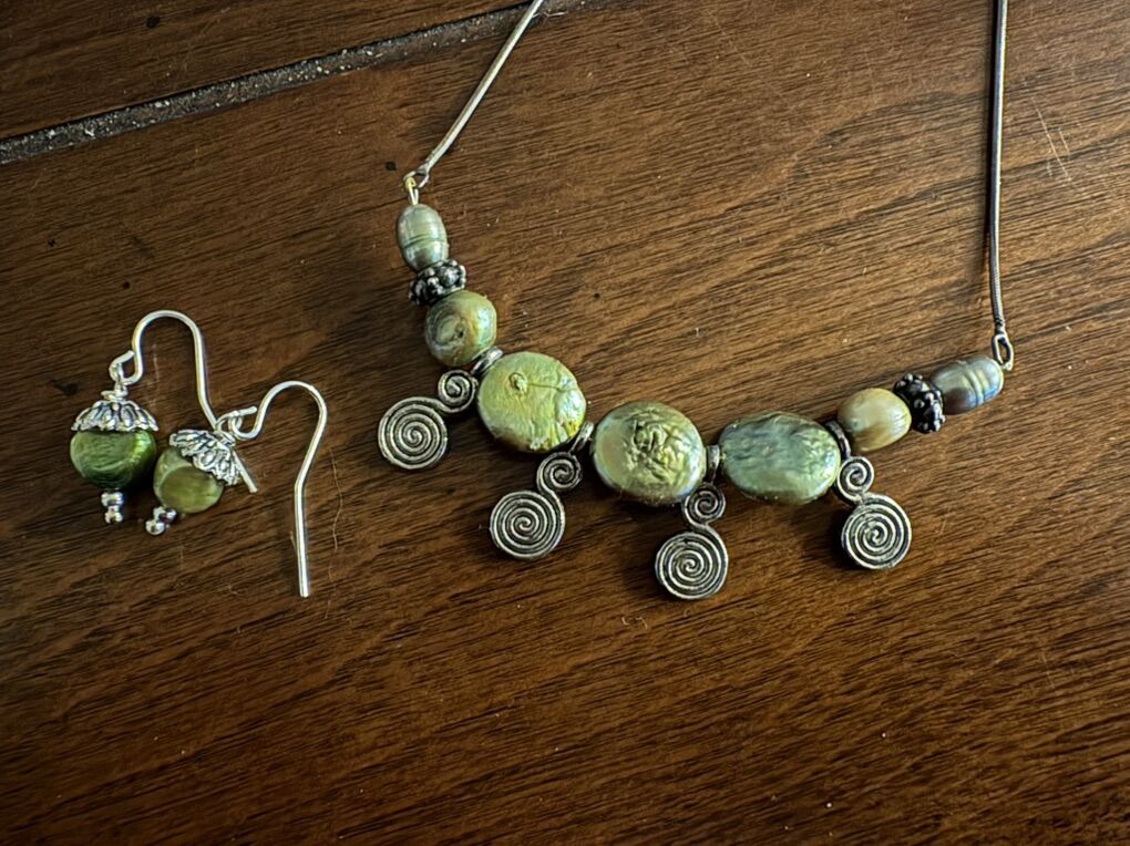 Necklace & Earrings W/ Green Pearls & Abalone