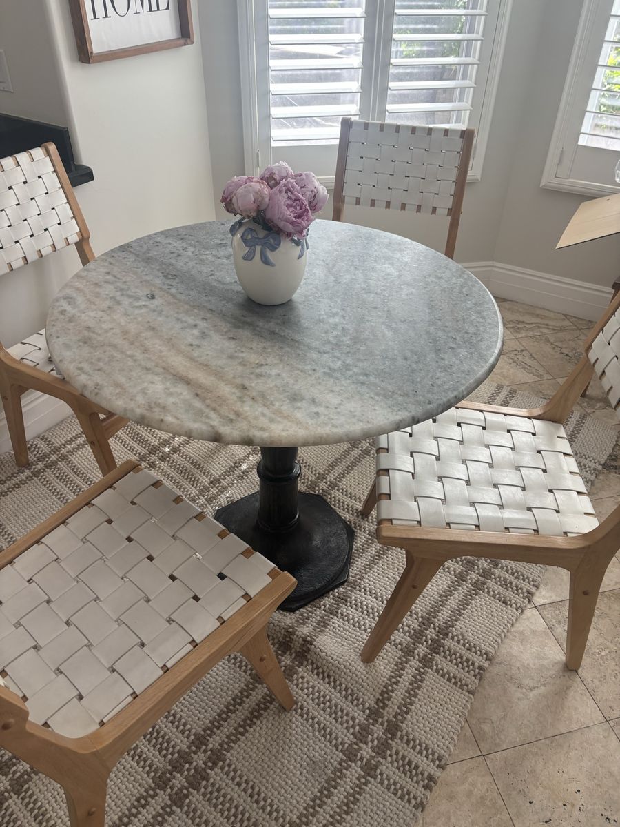Marble Top Dining Table with Black Pedestal Base and 5 Chairs
