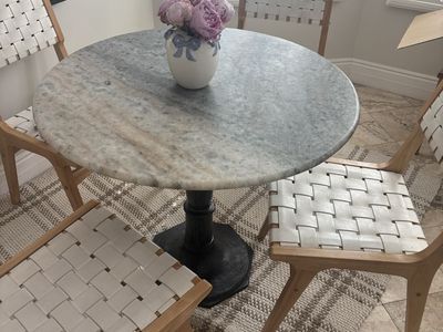 Marble Top Dining Table with Black Pedestal Base and 5 Chairs