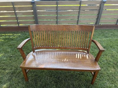 Vintage Solid Oak Mission Style Bench Settee with Curved Armrests