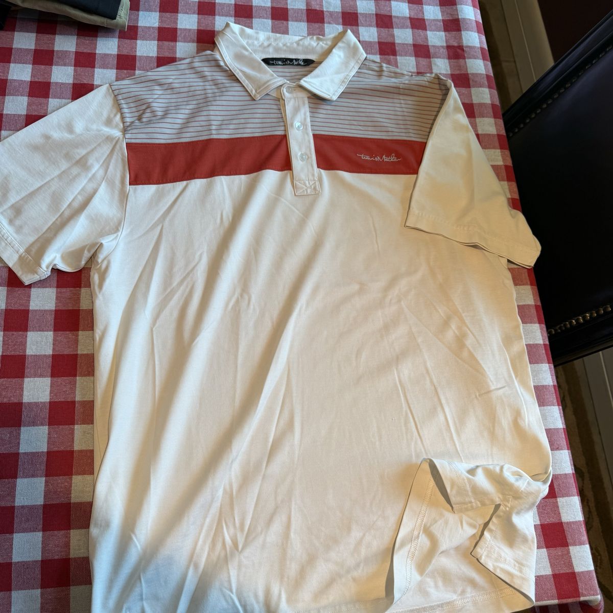 Travis Mathew Men's White Red Gray Striped Polo Shirt - Size XL Golf/Casual Performance Top