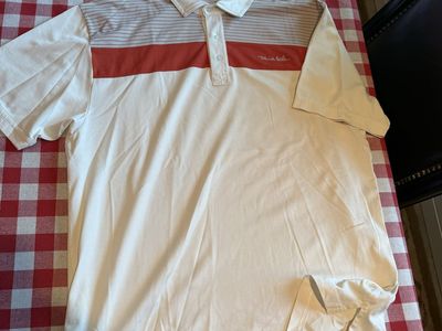 Travis Mathew Men's White Red Gray Striped Polo Shirt - Size XL Golf/Casual Performance Top