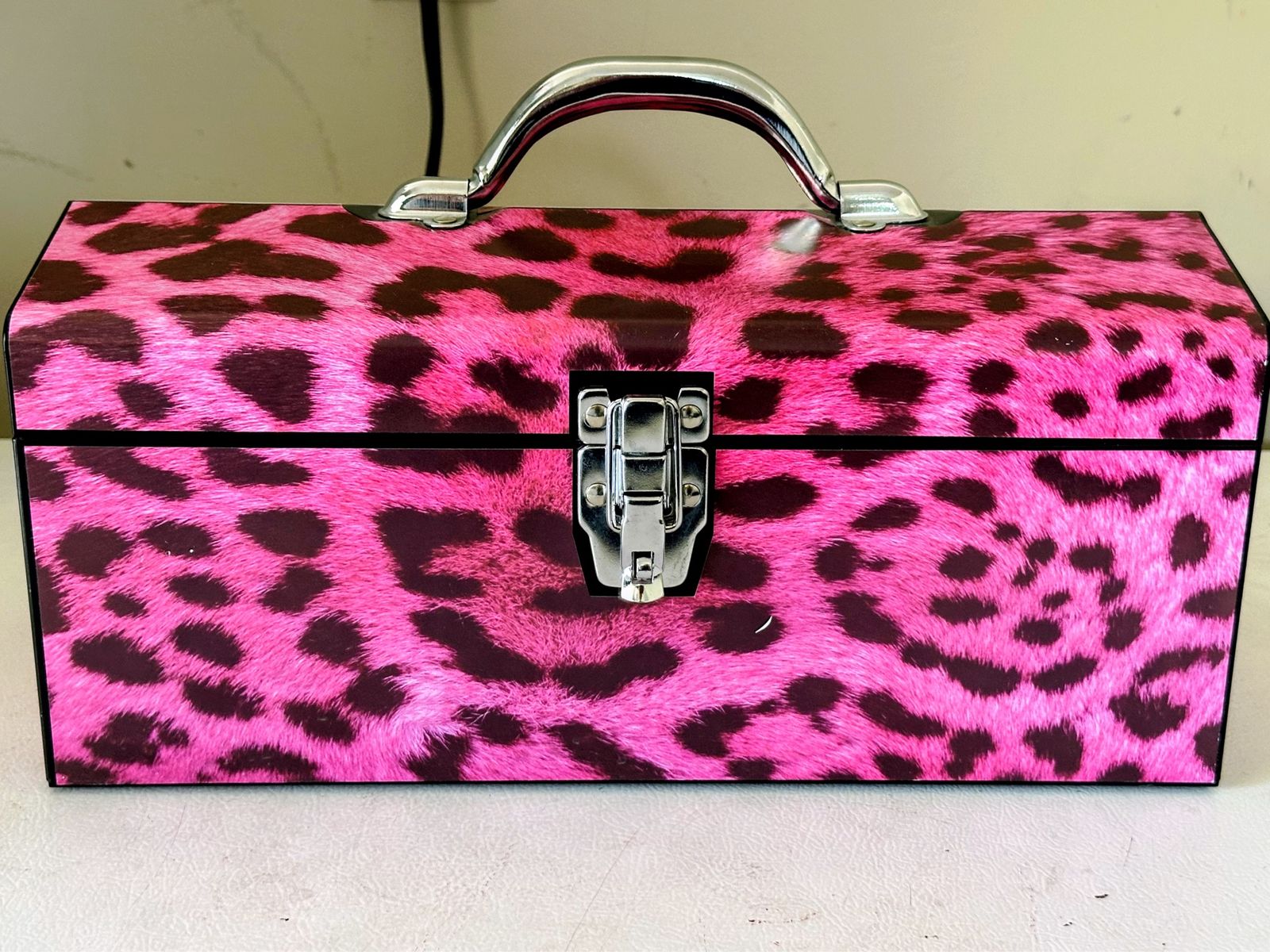 Pink Leopard Print Metal Toolbox / Storage Box with Latch Closure & Handle Never Used