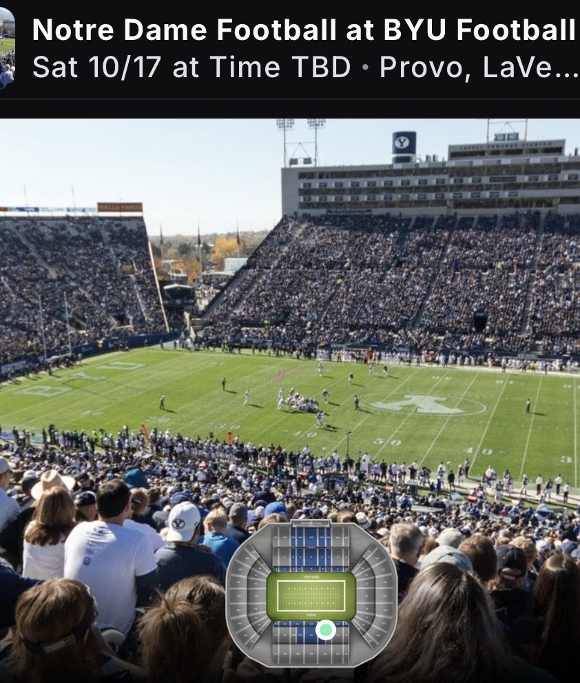 BYU Notre Dame Football 2 aisle tickets backrest east side 40 yard line 10/17/26