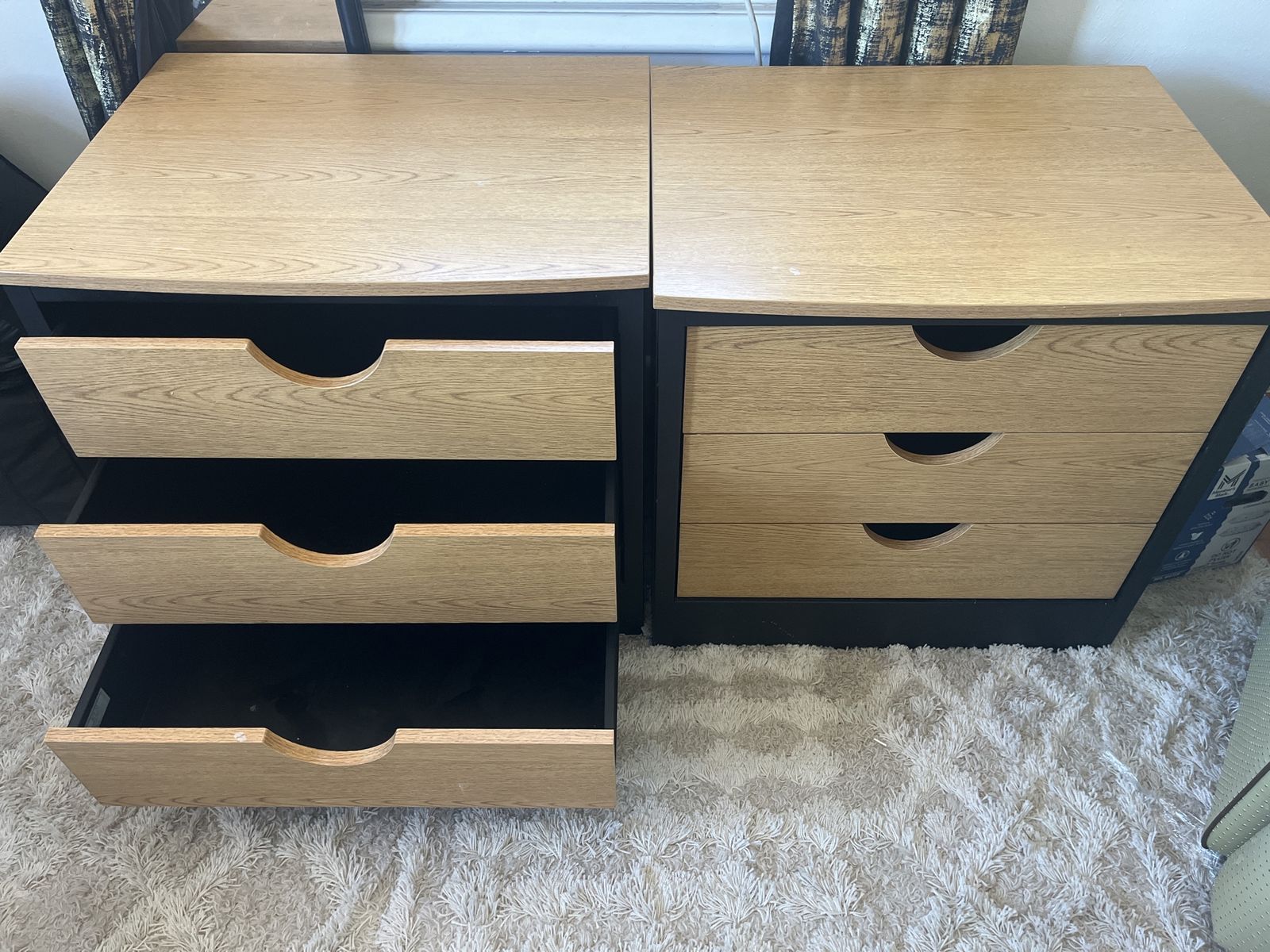 2 Light Wood & Black 3-Drawer metal Storage Cabinets - Versatile Bedroom/Office Furniture