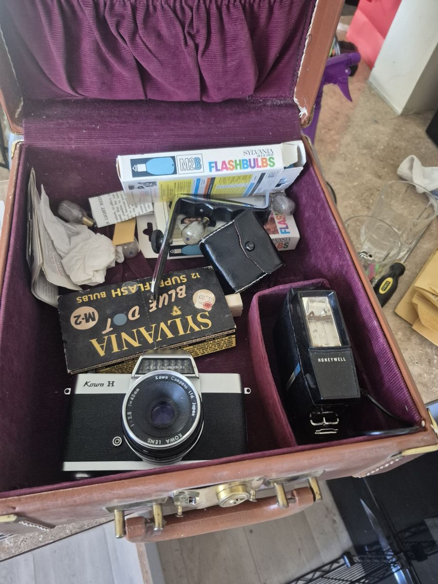 Kowa H Film Camera with Kowa f/1.8 45mm Lens, Honeywell Flash & Sylvania Flashbulbs in Carry Case