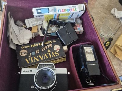Kowa H Film Camera with Kowa f/1.8 45mm Lens, Honeywell Flash & Sylvania Flashbulbs in Carry Case