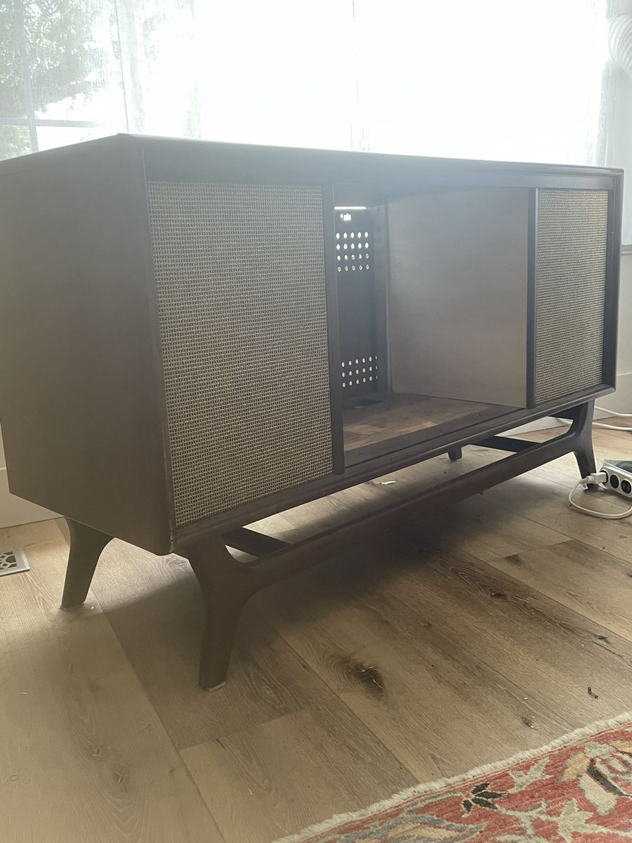 Vintage Mid-Century Modern Record Player Console Cabinet - Brown Wood