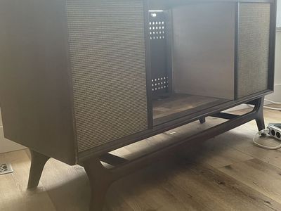 Vintage Mid-Century Modern Record Player Console Cabinet - Brown Wood