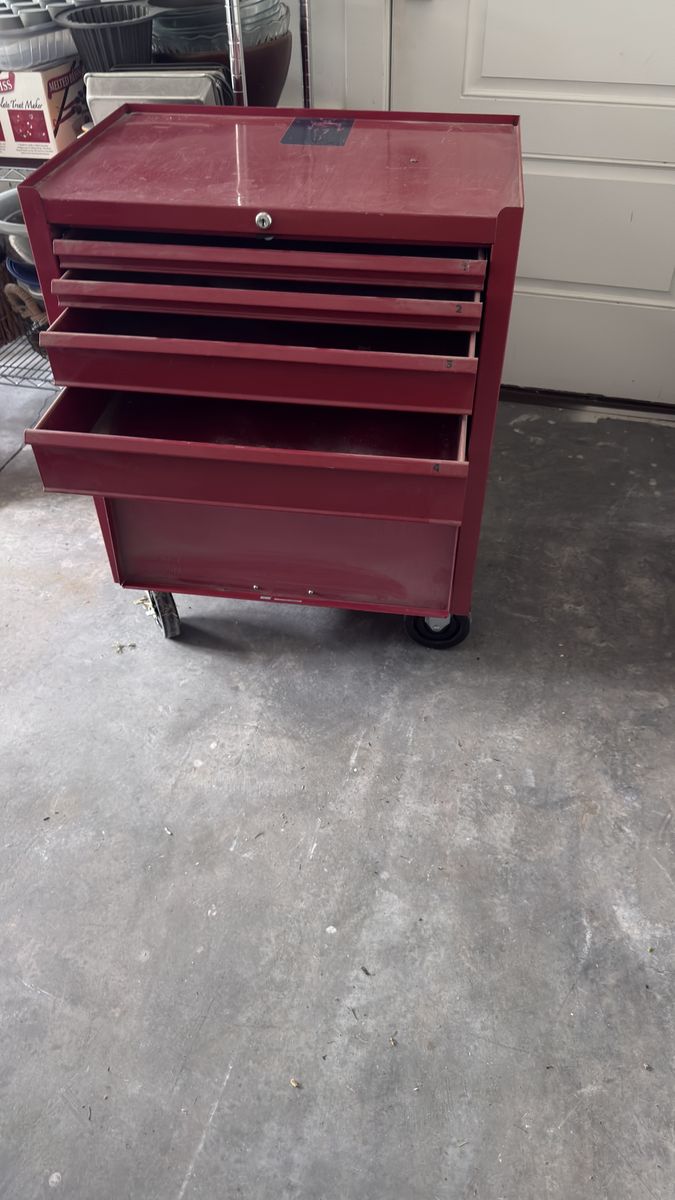Red rolling tool box