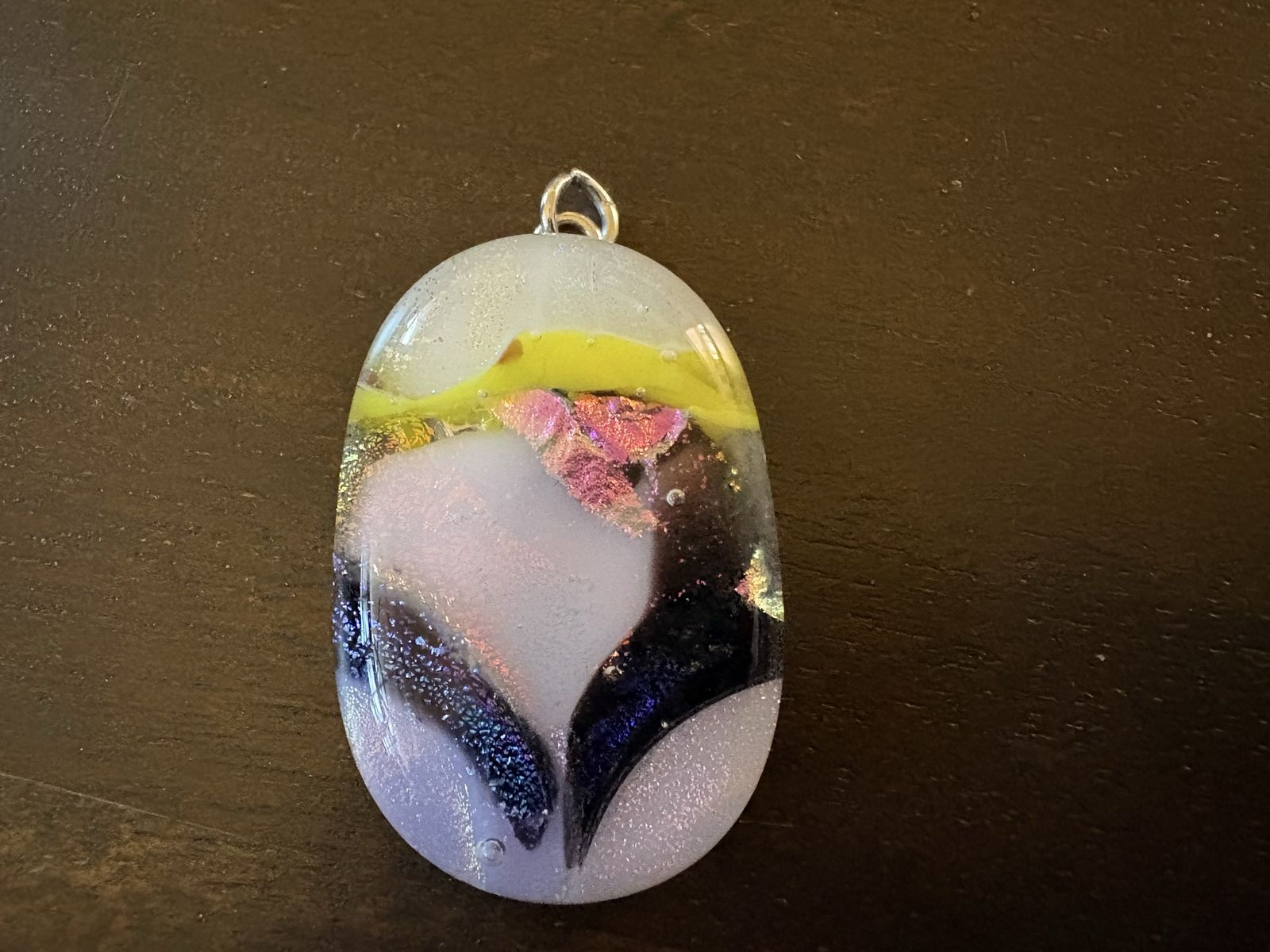 Dichroic Fused Glass Pendant W/Yellow, Pink, Blue