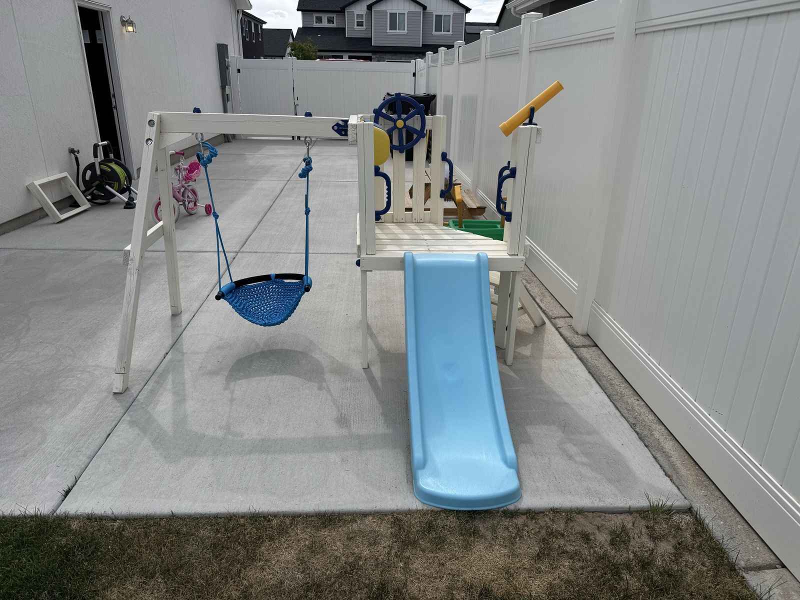 Kids Outdoor Wooden Playset Swingset with Slide, Swing, Steering Wheel, Telescope & Mailbox
