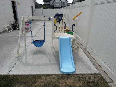 Kids Outdoor Wooden Playset Swingset with Slide, Swing, Steering Wheel, Telescope & Mailbox