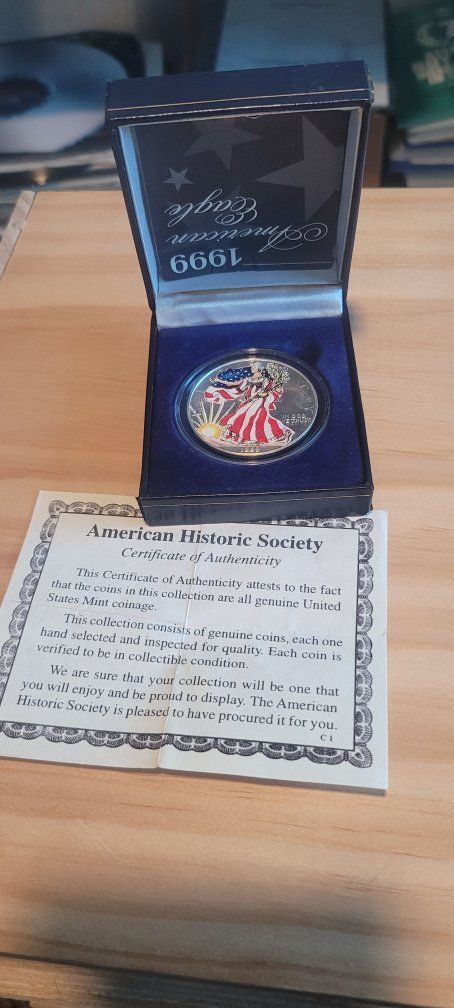 1999 American Historic Society Colorized American Eagle Silver Dollar Coin w/COA - Collectible
