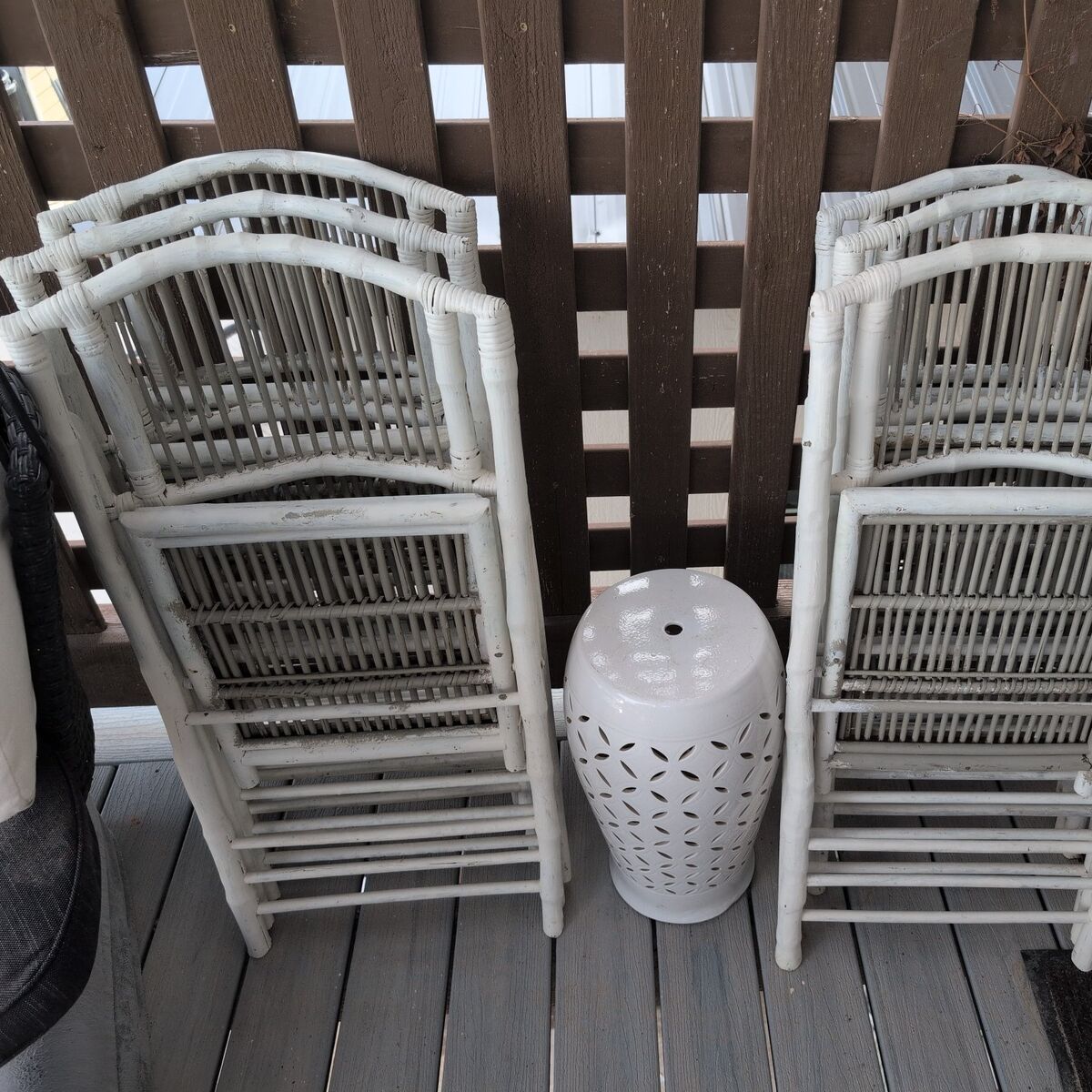 6 folding bamboo painted outdoor chairs.