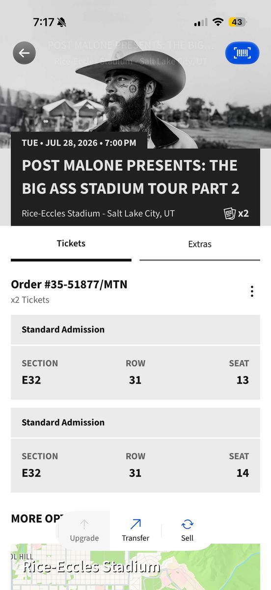 2 Post Malone "Big Ass Stadium Tour Part 2" Tickets - July 28, 2026 - Rice-Eccles Stadium