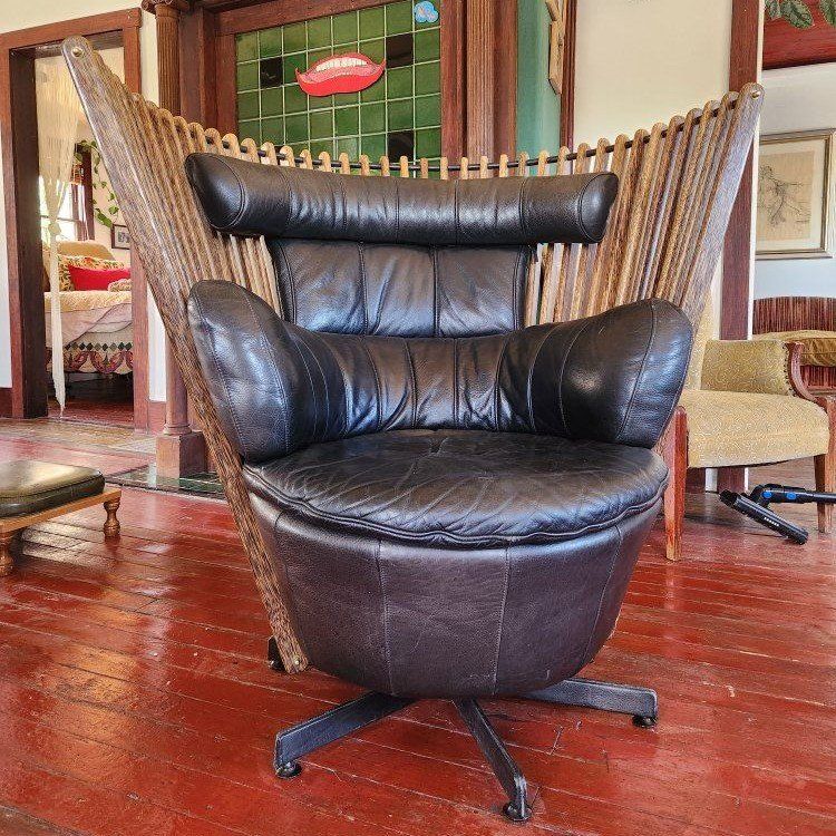 Unique Vintage Black Leather Swivel Armchair with Wood Spindle Back
