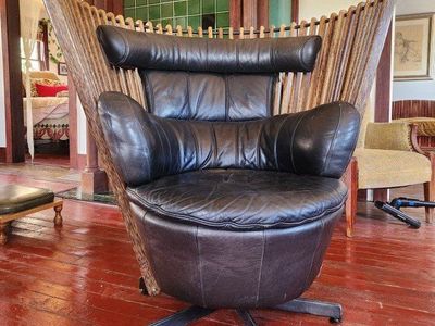 Unique Vintage Black Leather Swivel Armchair with Wood Spindle Back