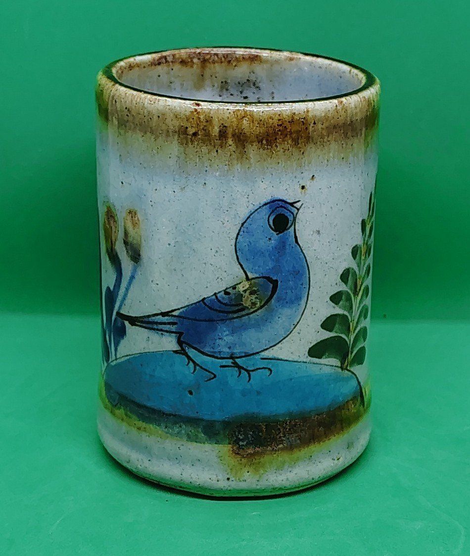 Mexican Pottery Coffee Mug Tonala Blue Bird Signed