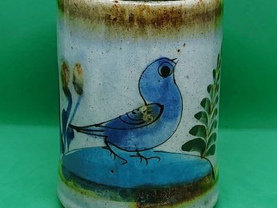 Mexican Pottery Coffee Mug Tonala Blue Bird Signed