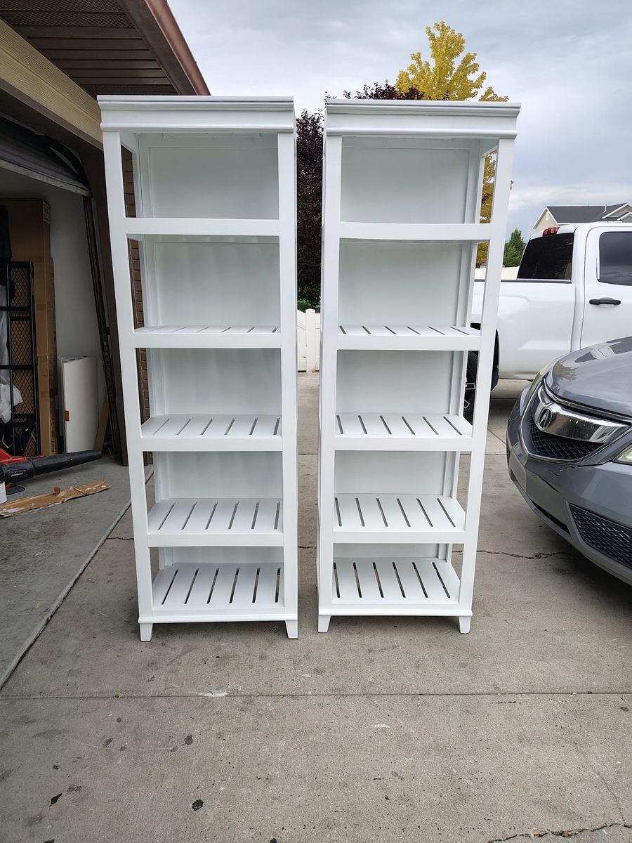 Two White Wooden Shelving Units Bookcases